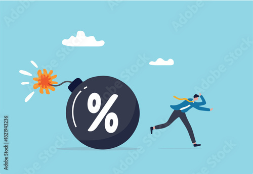 Inflation or interest rate causing economic recession, tax or loan payment trouble, stock market and crypto currency crisis concept, businessman investor running from exploding percentage bomb.
