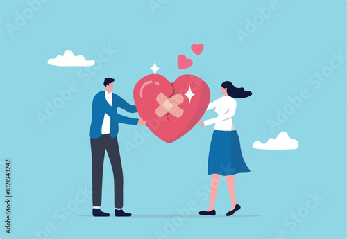 Forgiveness to keep relationship last long, togetherness or love couple concept, happy man and woman, husband and wife with bandage on broken heart shape as forgiveness symbol