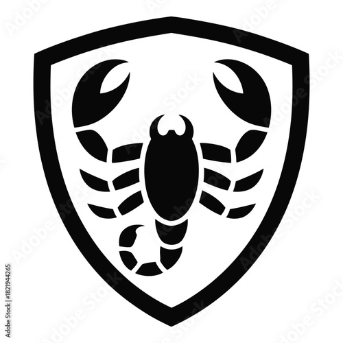 Black scorpion silhouette inside a shield crest isolated on white