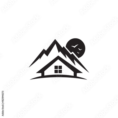 Rustic mountain home logo with sun and birds symbolizing nature and dwelling