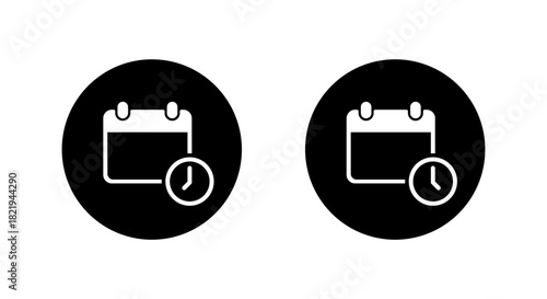 Calendar time icon in black circle. Schedule date and clock reminder symbol
