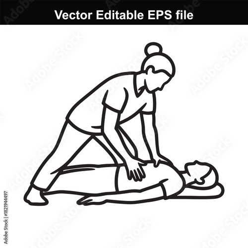 Line art illustration of a person performing chest compressions on another person lying down, isolated on white background