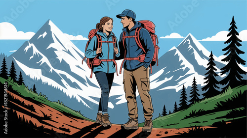 Couple hiking in the scenic mountains on an outdoor adventure. Mountain explorers: a couple enjoying a breathtaking trek. Adventure seekers in the beautiful mountain landscape