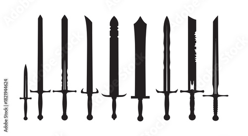 Diverse collection of nine medieval fantasy sword and dagger silhouettes, showcasing various blade styles, isolated vector art. Vector