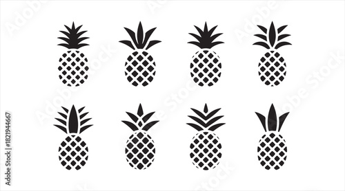 Black pineapple vector silhouettes featuring fresh exotic fruit symbols for creative design themes