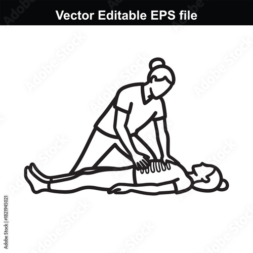 Line art illustration of a person performing cpr on another person lying on the ground, isolated on white background