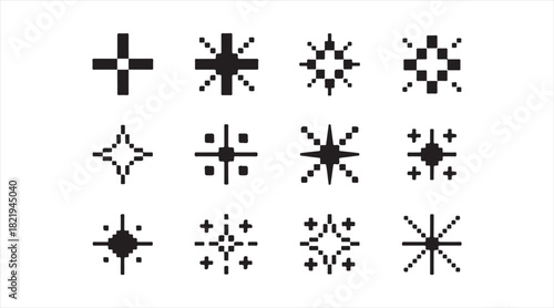 Set of sparkle and twinkle silhouettes with radiant starburst icons for magical and festive design themes