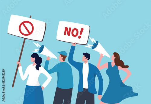 Employee protest, work strike or people demonstration, social gathering, activism protest for civil right, democracy or politic concept, people carrying protesting sign shouting on megaphone