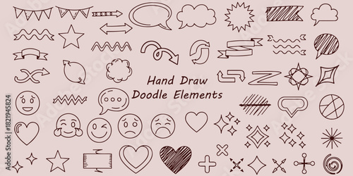Hand Draw Doodle Elements, Collection Of Arrow Speech Bubble And Heart Symbols For Design Project Management And Decoration Applications

