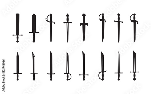 Diverse collection of historical and fantasy sword silhouettes, including daggers, rapiers, and broadswords, in a clean vector style. Vector