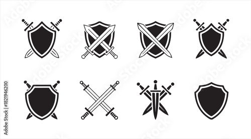 Medieval sword and shield vector silhouettes ideal for battle, gaming, and security-themed designs