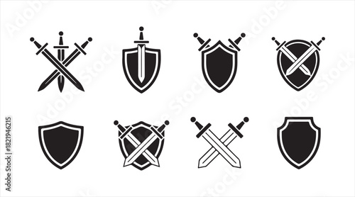 Set of sword and shield silhouettes with crossed blades and medieval defense emblems for fantasy artwork