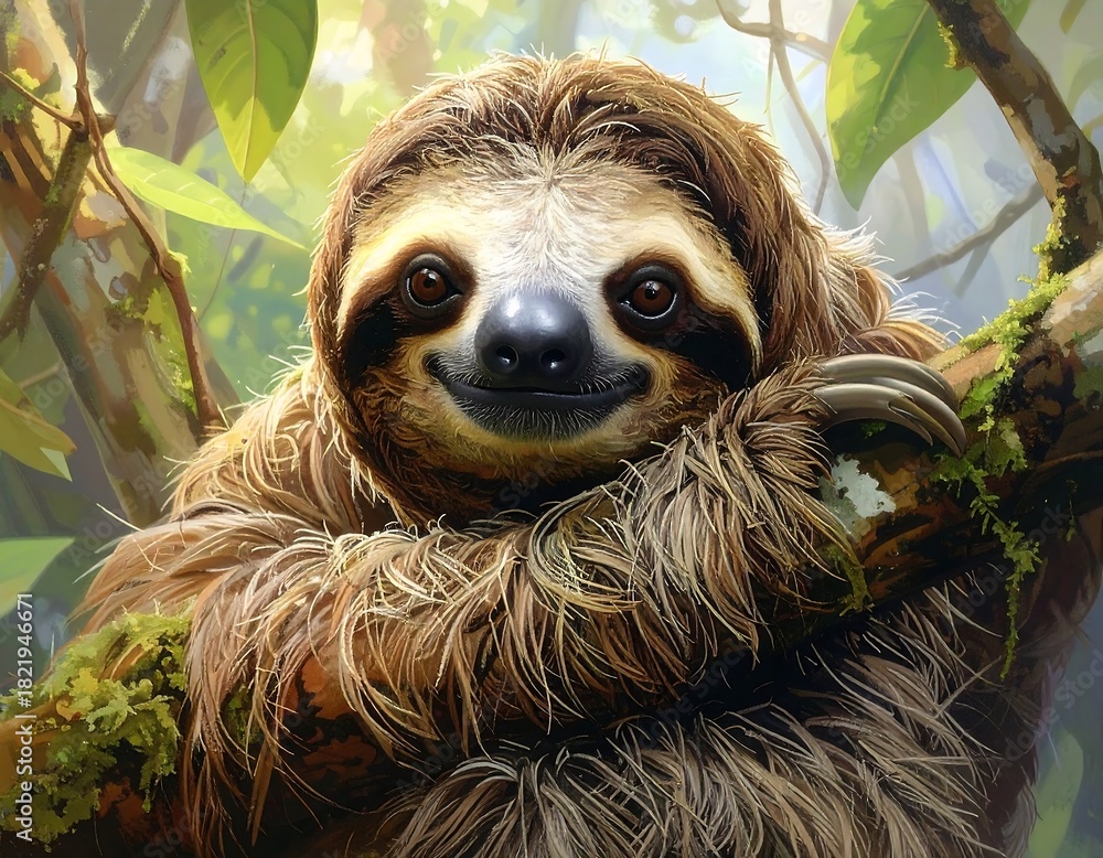 Fototapeta premium Close-up of a friendly, smiling sloth hanging on a tree branch