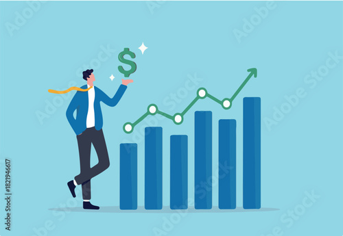 Sales person, marketing or investment professional, earning profit or sale commission money, growth planning or success financial advisor concept, confident businessman hold dollar with growth chart.