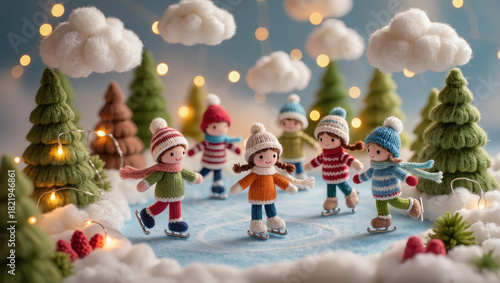Christmas felt children toys ice skating on frozen pond surrounded by snow, trees and glowing lights in festive winter wonderland scene. Handmade holiday decor.