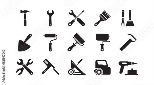 Silhouette set of repair and building equipment for craftsmanship, renovation, and engineering graphics