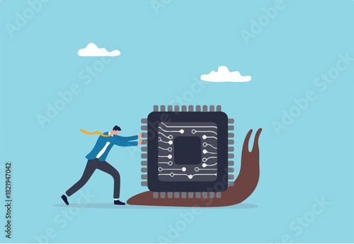 Semiconductor and computer chip shortage slow down world economic, supply chain problem impact electronics and car manufacturing, businessman trying so hard to push semiconductor chip on slow snail