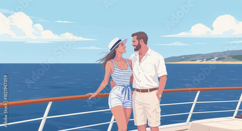 Romantic couple on a cruise deck with stunning ocean views. Couple enjoying a peaceful moment on a luxury cruise ship. Seaside romance: couple aboard a cruise ship. beautiful ocean getaway