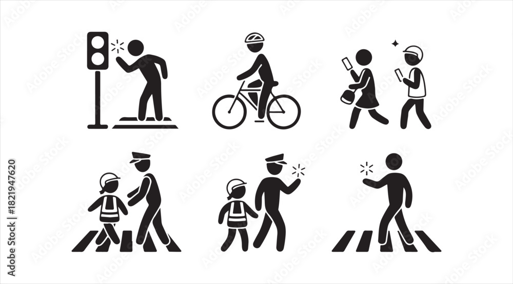 Naklejka premium Black road safety icon set featuring crosswalks, traffic lights, and commuting symbols