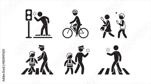 Black road safety icon set featuring crosswalks, traffic lights, and commuting symbols