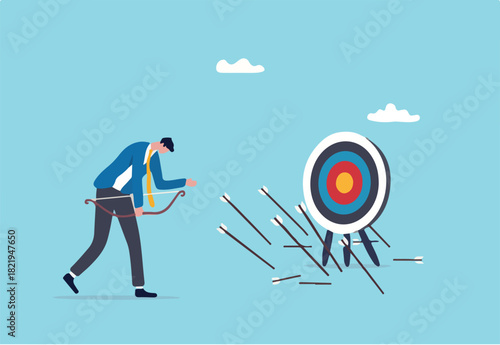 Failure missed all business target, loser mistake or error, unsuccessful, despair or disappointment from losing opportunity concept, frustrated businessman archery disappoint on his off target arrows