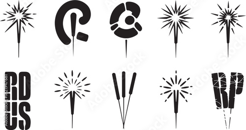 Assortment of Black Sparkler and Abstract Letter Icons on White Background firework celebration