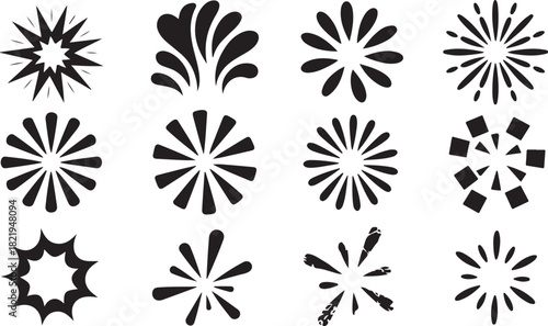 Assortment of Black Starburst and Explosion Graphic Elements comic pop art