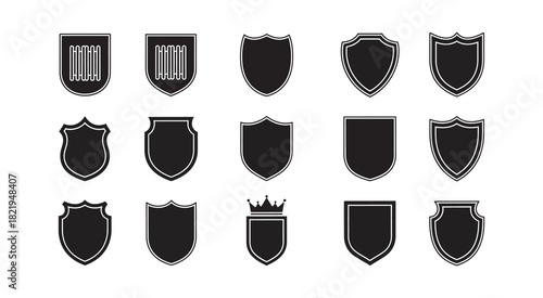 Collection of black shield vector icons with various shapes, symbolizing protection, security, warranty, and quality assurance. Vector