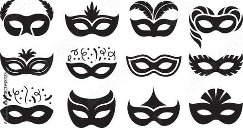 Assortment of Fourteen Black Silhouette Masquerade Masks with Festive Embellishments Keywords: masquerade mask, carnival mask, venetian mask, costume mask, party mask, disguise, secret, mystery