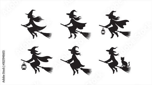 Collection of magical witch figures in motion for spooky seasonal artwork