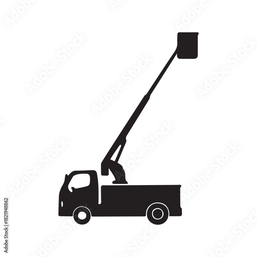 Silhouette of a truck mounted aerial lift with an extended boom and bucket against a white background