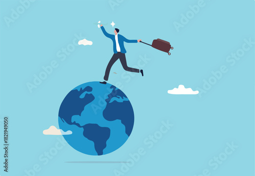 Travel passion when the world open after COVID-19, global tourism growth and tourist return their travel plan concept, happy man holding airplane and vacation baggage running on world map globe