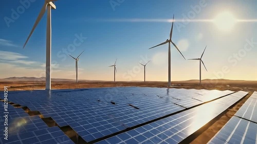 Sustainable Energy Solar Panels and Wind Turbines Generating Clean Power in a Renewable Energy Landscape