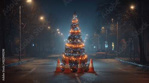 Christmas tree made from traffic cones decorated with lights and garland,