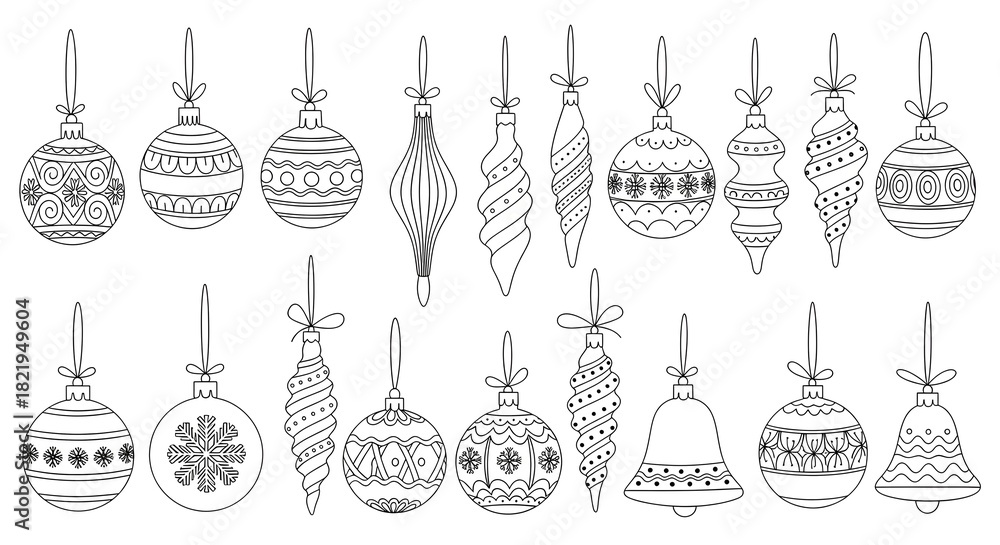 Naklejka premium Black and white line art of various christmas ornaments isolated on white background
