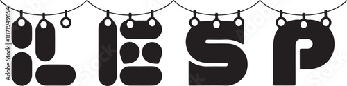 Black silhouette icons of letters LESP formed by hanging decorative light bulbs on a white background Keywords: letter, alphabet, L, E, S, P, string lights, decoration, festive, celebration