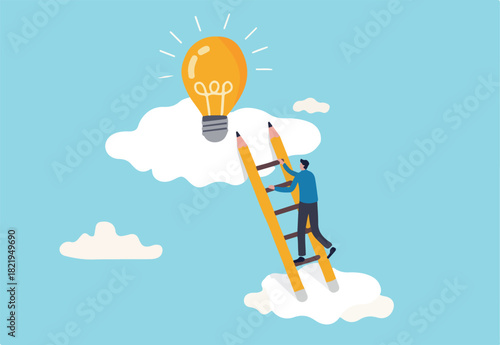 Creative idea, inspiration or imagination to create new innovative work, opportunity or wisdom concept, businessman creative guy climbing ladder built from pencil to upper cloud to find lightbulb idea