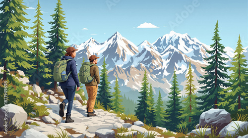 Couple hiking together in the beautiful mountain scenery. Adventure awaits: hiking through majestic mountain trails. Mountain lovers on a breathtaking hiking journey