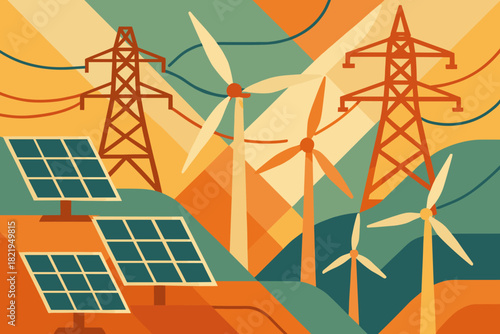 Chinese labels numbers cohesive turbines grids towers energy no renewable letters vector