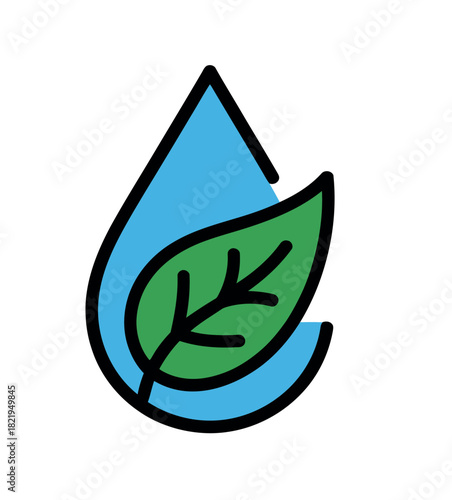 A stylized water droplet cradles a vibrant green leaf, symbolizing ecological preservation and clean water resources.