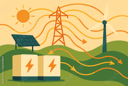 Grid no renewable style vector energy flow into power icon captions punctuation