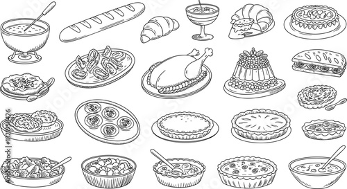Food illustration set, black and white sketch, desserts, baked goods, savory dishes, culinary icons, hand-drawn style