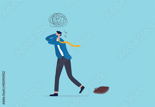 Stress at work, exhausted from overworked and too many problems or frustrated and paranoia office worker concept, hopelessness frustrated businessman employee with anxiety busy line over his head
