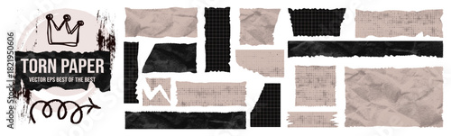 Set torn edge paper with jagged rectangle and rough tattered shape.