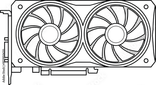 Graphics card illustration, GPU line art, dual-fan cooling, PCIe connector, tech hardware, computer component, black stroke icon