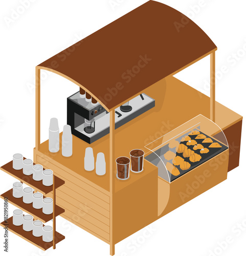 Isometric coffee stand, pastry kiosk, espresso machine, takeaway cups, bakery display, cartoon cafe setup, food stall illustration