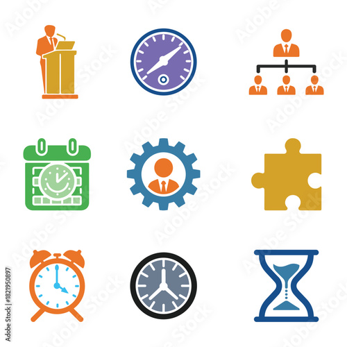 Set of productivity and time management icons for planners, time-tracking apps, productivity tools, dashboards.