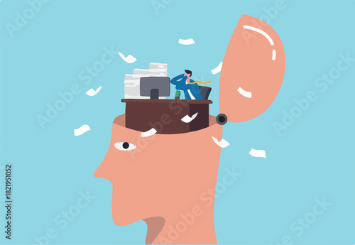 Work anxiety, stress or burnout, exhausted job or overload tired, job fatigue from overworked, depression and mental health concept, overwhelmed frustrated businessman working hard on his busy head