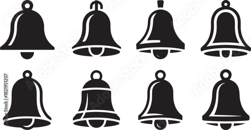 Collection of Eight Black Silhouette Bells in Various Styles Keywords: bell, bells, silhouette, black and white, graphic, design, element, notification, sound, ringing, isolated, white background