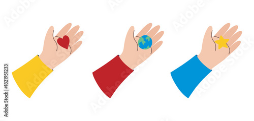 Heart in hand. Earth in hand. Star in hand. Clipart